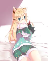 Rule 34 | 1boy, animal ears, ass, bad id, bad pixiv id, blonde hair, blue eyes, chung seiker, dexp, eating, elsword, glasses, gloves, hair flaps, long hair, looking back, lying, male focus, mouth hold, on stomach, solo, symbol-shaped pupils, trap