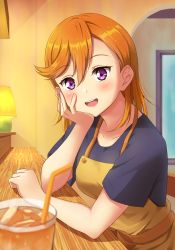 Rule 34 | 1girl, apron, arm rest, black shirt, blush, breasts, cafe, counter, cup, drinking glass, drinking straw, elbow rest, hair between eyes, head rest, highres, lamp, long hair, looking at viewer, love live!, love live! superstar!!, open mouth, orange hair, purple eyes, qy73, shibuya kanon, shirt, short sleeves, smile, solo, teeth, upper body, upper teeth only