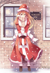 Rule 34 | 1girl, blonde hair, blush, boots, bow, breath, brick wall, brown footwear, brown gloves, cold, commentary request, doridori, dress, english text, full body, fur-trimmed dress, fur-trimmed footwear, fur trim, glass, gloves, grass, hair between eyes, hat, high priest (ragnarok online), long hair, looking to the side, outdoors, own hands together, ragnarok online, red dress, red eyes, santa hat, sash, scarf, scarf over mouth, snow, snowing, solo, standing, two-tone dress, white bow, white dress, white sash, window