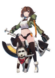 Rule 34 | 1girl, animal, bandana, black choker, black panties, black shorts, boots, breasts, brown gloves, brown hair, brown thighhighs, choker, commentary request, crop top, cropped jacket, dog, eyebrows hidden by hair, fingerless gloves, full body, gloves, green jacket, highres, holding, holding weapon, hood, hood down, hooded jacket, jacket, knife, looking at viewer, mecha musume, medium breasts, micro shorts, midriff, mouth hold, natori youkai, navel, open clothes, open fly, open jacket, open shorts, original, panties, parted lips, red eyes, shirt, shorts, simple background, skindentation, solo, standing, standing on one leg, sunglasses, thighhighs, underwear, weapon, white background, white footwear, white shirt