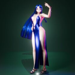 Rule 34 | 1girl, 3d, absurdres, alternate costume, artist request, bare shoulders, blue gloves, blue hair, breasts, cleavage cutout, clothing cutout, collarbone, curvy, dress, elbow gloves, formal, gloves, hand on own hip, highres, hime cut, large breasts, long hair, navel, navel cutout, no bra, official alternate costume, red eyes, shiny skin, short dress, simple background, solo, taimanin (series), taimanin murasaki, taimanin rpgx, very long hair, wide-eyed, yatsu murasaki