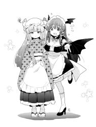 Rule 34 | 2girls, alternate costume, apron, blunt bangs, breasts, center frills, cleavage, cleavage cutout, closed mouth, clothing cutout, commentary request, demon wings, detached collar, dress, enmaided, flip-flops, frilled apron, frilled skirt, frills, full body, greyscale, hakama, hakama skirt, hat, head wings, high heels, japanese clothes, kimono, kneehighs, koakuma, large breasts, long hair, long sleeves, maid, maid apron, maid day, maid headdress, medium breasts, mob cap, monochrome, multiple girls, patchouli knowledge, patterned clothing, pleated skirt, pointy ears, puffy short sleeves, puffy sleeves, sandals, sash, short dress, short sleeves, sidelocks, skirt, sleeves past wrists, socks, tanasuke, touhou, v, very long hair, waist apron, wide sleeves, wings