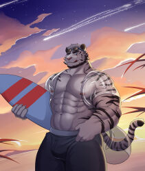 Rule 34 | 1boy, :q, absurdres, alternate costume, alternate facial hair, animal ears, anyisdragon, arknights, bara, bare pectorals, beard, black male swimwear, bulge, facial hair, feet out of frame, furry, furry male, highres, holding, holding surfboard, large pectorals, looking at viewer, male focus, male swimwear, mountain (arknights), muscular, muscular male, pectorals, scar, scar across eye, see-through, see-through shirt, short hair, solo, standing, sunset, surfboard, thick eyebrows, thick thighs, thighs, tiger boy, tiger ears, tiger stripes, tongue, tongue out, white fur, white hair