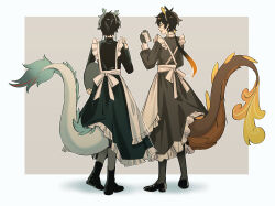 Rule 34 | 2boys, alternate costume, apron, black footwear, black gloves, clipboard, closed eyes, commentary, company connection, dan heng (honkai: star rail), dan heng (imbibitor lunae) (honkai: star rail), dragon horns, dragon tail, earrings, full body, genshin impact, gloves, gradient hair, half gloves, highres, holding, holding clipboard, holding plate, honkai: star rail, honkai (series), horns, jewelry, low ponytail, maid apron, maid headdress, male focus, mihoyo, multicolored hair, multiple boys, open mouth, outside border, plate, single earring, symbol-only commentary, tail, taosheng, tassel, tassel earrings, zhongli (genshin impact)
