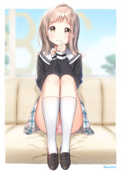 Rule 34 | 1girl, bashosho, black shirt, blue sky, blurry, blurry background, blush, brown eyes, brown footwear, brown hair, closed mouth, cloud, commentary request, couch, day, depth of field, hands up, highres, idolmaster, idolmaster shiny colors, indoors, loafers, long hair, long sleeves, on couch, panties, pink panties, plaid, plaid skirt, pleated skirt, sailor collar, sakuragi mano, school uniform, serafuku, shirt, shoes, sitting, skirt, sky, sleeves past wrists, smile, solo, thighhighs, twitter username, underwear, white sailor collar, white shirt, white thighhighs