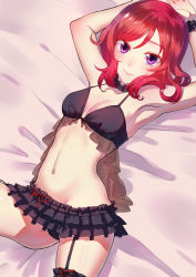 Rule 34 | 10s, 1girl, armpits, arms up, babydoll, colivt, colored eyelashes, garter straps, highres, lingerie, love live!, love live! school idol project, nishikino maki, purple eyes, red hair, short hair, solo, underwear, underwear only