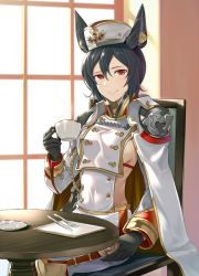 Rule 34 | 1girl, animal ears, armor, bag, black gloves, black hair, breasts, buttons, chain, chair, closed mouth, clothing cutout, cup, double-breasted, ear piercing, erune, feet out of frame, fork, gloves, granblue fantasy, hair between eyes, hinami (hinatamizu), holding, holding cup, ilsa34660285, indoors, knife, long sleeves, looking at viewer, medium breasts, midriff, military, military uniform, on chair, piercing, plate, red eyes, saucer, short hair, shoulder armor, shoulder bag, side cutout, sitting, smile, solo, uniform, window