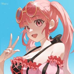 Rule 34 | 1girl, bikini, breasts, cleavage, eyewear on head, fire emblem, fire emblem: three houses, fire emblem heroes, highres, hilda valentine goneril, hilda valentine goneril (summer), large breasts, long hair, looking at viewer, nintendo, official alternate costume, open mouth, outdoors, pink bikini, pink eyes, pink hair, sky, sunglasses, swimsuit, twintails, tzzis