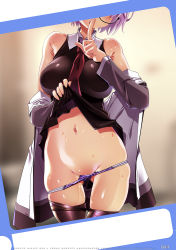 Rule 34 | 1girl, bare shoulders, black dress, black pantyhose, breasts, dress, fate/grand order, fate (series), finger to mouth, glasses, highres, index finger raised, jacket, lifted by self, mash kyrielight, necktie, panties, pantyhose, purple hair, pussy juice, sakuya tsuitachi, selfie, short hair, shushing, skirt, sleeveless, sleeveless dress, solo, underwear