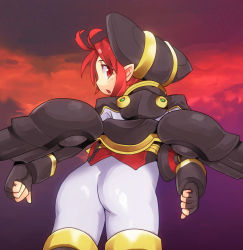 Rule 34 | 1girl, anshinmama, armor, ass, female focus, fingerless gloves, gauntlets, gloves, gradient background, hat, looking back, lux dioskouroi, pointy ears, red eyes, red hair, shinrabanshou, solo