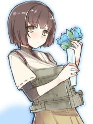 Rule 34 | 10s, 1girl, brown eyes, brown hair, flower, haruyuki (yukichasoba), holding, holding flower, hyuuga (kancolle), japanese clothes, kantai collection, mecha musume, personification, short hair, sketch, solo