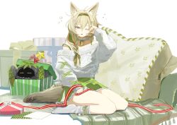 1girl absurdres animal_ear_fluff animal_ears arknights arm_up bare_shoulders beanstalk_(arknights) beanstalk_(gift_uncompleted)_(arknights) bell blonde_hair choker commentary_request frilled_choker frilled_skirt frills full_body gift green_hairband green_ribbon green_skirt hair_between_eyes hair_intakes hair_ornament hair_ribbon hairband hairclip half-closed_eye hand_on_own_thigh heart highres k-yosinori long_hair long_sleeves looking_at_viewer neck_bell off_shoulder official_alternate_costume one_eye_closed parted_lips puffy_long_sleeves puffy_sleeves red_ribbon ribbed_socks ribbon rubbing_eyes sitting skirt socks solo squeans star_(symbol) strap_slip sweater waking_up wariza white_background white_choker white_socks white_sweater zipper_pull_tab