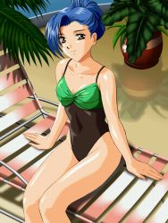 Rule 34 | 1990s (style), 1girl, black one-piece swimsuit, blue hair, breasts, casual one-piece swimsuit, chair, covered navel, day, game cg, hair bun, highleg, highleg swimsuit, inaba yoshiki, kimi ni steady, light smile, looking at viewer, lounge chair, one-piece swimsuit, outdoors, plant, pot, potted plant, reflection, retro artstyle, shadow, short hair, single hair bun, sitting, small breasts, smile, solo, swimsuit, touyama reiko, yellow eyes