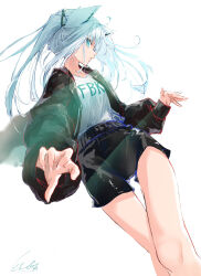 Rule 34 | 1girl, alternate costume, alternate hairstyle, animal ears, aqua eyes, black jacket, black shorts, breasts, casual, clothes writing, commentary, dutch angle, feet out of frame, fox ears, fox girl, highres, hololive, jacket, l-phy, light rays, long hair, looking at viewer, open clothes, open jacket, parted lips, shirakami fubuki, shirt, shirt tucked in, shorts, signature, simple background, small breasts, solo, standing, t-shirt, tsurime, twintails, virtual youtuber, white background, white hair, white shirt