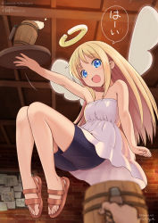 Rule 34 | 1other, angel, bar (place), blonde hair, blue eyes, crimvael, dated, dress, ekuharu, halo, highres, indoors, ishuzoku reviewers, open mouth, sandals, shorts, smile, toes, white dress, wings
