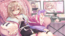 Rule 34 | 1girl, :d, arm rest, belt, black dress, commentary request, controller, desk, dress, game controller, glasses, hair ornament, headphones, headphones removed, highres, holding, holding controller, indie virtual youtuber, jacket, kasane (cynthia), keyboard (computer), light brown hair, long sleeves, looking at viewer, monitor, multiple monitors, nemachi (vtuber), open clothes, open jacket, open mouth, pillow, pink eyes, reclining, smile, solo, swivel chair, tablet pc, tareme, thigh belt, thigh strap, virtual youtuber, wide sleeves, x hair ornament