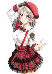 Rule 34 | 1girl, arm up, beret, blue eyes, bow, bowtie, breasts, cowboy shot, genki zenkai day! day! day!, grey hair, hat, looking at viewer, love live!, love live! sunshine!!, medium breasts, short hair, simple background, skirt, smile, solo, suspenders, suzume miku, v, watanabe you, white background