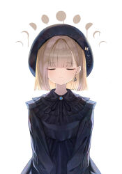 Rule 34 | 1girl, beret, blonde hair, blunt ends, brooch, closed eyes, dress, earrings, facing viewer, frilled shirt collar, frills, hat, highres, jewelry, long sleeves, moon phases, original, short hair, solo, ttea arts01, upper body