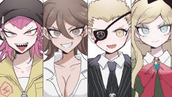 2boys 2girls black_jacket black_necktie blonde_hair bow bowtie braid breasts brown_hair cleavage collarbone collared_shirt danganronpa_(series) danganronpa_2:_goodbye_despair eyepatch grin hair_between_eyes highres jacket kani_no_shiru kuzuryu_fuyuhiko large_breasts long_hair multiple_boys multiple_girls necktie owari_akane pink_eyes pink_hair red_bow red_bowtie sharp_teeth shirt short_hair side_braid smile soda_kazuichi sonia_nevermind striped_clothes striped_jacket teeth tongue tongue_out white_shirt