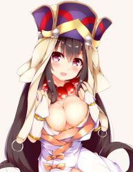 Rule 34 | 1girl, :d, bead necklace, beads, bikini, bikini top only, black hair, blush, bow, breasts, bridal gauntlets, brown background, brown bow, cleavage, commentary request, fate/grand order, fate (series), fuuna, hair between eyes, hat, head tilt, highres, japanese clothes, jewelry, kimono, large breasts, long hair, looking at viewer, necklace, open clothes, open kimono, open mouth, prayer beads, purple eyes, simple background, smile, solo, swimsuit, very long hair, white bikini, white kimono, xuangzang sanzang (fate)