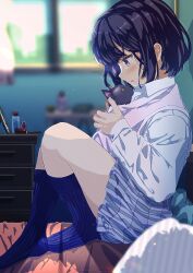 Rule 34 | 1girl, :o, animal, black hair, blue socks, blurry, blurry background, blurry foreground, cat, collared shirt, colored sclera, commentary request, from side, fushimi asuha, highres, holding, holding animal, holding cat, indoors, kneehighs, light blush, looking down, on bed, original, pillow, pleated skirt, profile, purple eyes, purple skirt, school uniform, shirt, short hair, sideways mouth, sitting, skirt, socks, solo, uniform, white shirt, window, yellow sclera