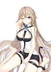 Rule 34 | 1girl, anchorage (azur lane), azur lane, bare shoulders, barefoot, belt, between legs, black shorts, breasts, commentary request, hair between eyes, hand up, highres, large breasts, long hair, looking at viewer, machida tamao, micro shorts, midriff, one eye closed, open mouth, red eyes, shorts, simple background, sitting, solo, stomach, thighs, very long hair, wariza, white background