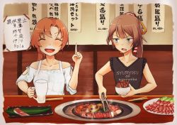 Rule 34 | 2girls, akigumo (kancolle), alternate costume, black shirt, blouse, bowl, brown hair, casual, closed eyes, clothes writing, commentary request, cooking, cup, drinking glass, food, grill, grilling, hair ribbon, index finger raised, kantai collection, kazagumo (kancolle), kunreishiki, long hair, meat, multiple girls, namiki kojiro, ponytail, ribbon, romaji text, shirt, sleeves rolled up, tongs, translation request, upper body, white shirt