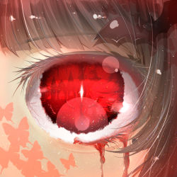 Rule 34 | androgynous, bad id, bad pixiv id, bat hair ornament, blood, bloody tears, brown hair, bug, building, butterfly, close-up, diamond (shape), dripping eye, eye focus, eye reflection, eyelashes, gender request, hair ornament, hairclip, insect, lens flare, light particles, looking at viewer, meiya (dia douya), original, red eyes, reflection, silhouette, solo, symbol-shaped pupils, tower, veins, witch