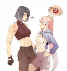 Rule 34 | 286456006, 2girls, ?, abs, absurdres, bare shoulders, bow-shaped hair, breasts, censored, closed mouth, colored tips, covered collarbone, ear piercing, fingerless gloves, genshin impact, gloves, gradient hair, gym uniform, hand on another&#039;s stomach, highres, kujou sara, leg between thighs, looking at another, medium breasts, midriff, multicolored hair, multiple girls, navel, piercing, ponytail, sangonomiya kokomi, shorts, simple background, spoken question mark, standing, stomach, thought bubble, yuri
