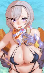 Rule 34 | 1girl, :d, asymmetrical bangs, azur lane, bare shoulders, bikini, black bikini, black hairband, black ribbon, blue background, blue gloves, blush, breasts, cleavage, commentary request, cowboy shot, gishu, gloves, grey hair, hair ornament, hairband, hairclip, hand on own hip, hand on own chest, highres, large breasts, looking at viewer, mask, mask around neck, multi-strapped bikini, navel, nose blush, open mouth, purple eyes, reno (azur lane), ribbon, short hair, side-tie bikini bottom, skindentation, smile, solo, swimsuit, wrist guards