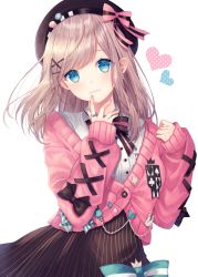Rule 34 | 1girl, blue eyes, bow, bowtie, brown hair, buttons, cardigan, closed mouth, cross-laced clothes, finger to mouth, hair ornament, hands up, hat, highres, jewelry, looking at viewer, me meel, medium hair, nijisanji, ring, shirt tucked in, simple background, skirt, solo, striped clothes, striped skirt, suzuhara lulu, suzuhara lulu (1st costume), upper body, vertical-striped clothes, vertical-striped skirt, virtual youtuber, white background, x hair ornament