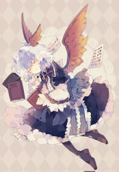 Rule 34 | 1girl, argyle, argyle background, argyle clothes, bird wings, black dress, blue hair, book, center frills, closed eyes, corrupted twitter file, dress, feathered wings, frilled dress, frills, full body, grey hair, head wings, highres, holding, holding book, horns, long sleeves, multicolored hair, nikorashi-ka, paper, parted lips, red ribbon, red wings, ribbon, short hair, solo, tokiko (touhou), touhou, two-tone hair, wide sleeves, wings