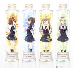 Rule 34 | 4girls, ahoge, arms behind back, black serafuku, black socks, blonde hair, bottle, braid, breasts, brown hair, character name, closed eyes, closed mouth, commentary request, flower, full body, hair over shoulder, hair ribbon, hairband, in bottle, in container, indoors, joujou, kantai collection, kneehighs, light brown hair, lineup, long hair, multiple girls, murasame (kancolle), name tag, pleated skirt, red neckwear, ribbon, school uniform, serafuku, shigure (kancolle), shiratsuyu (kancolle), short hair, skirt, small breasts, smile, socks, sparkle, twintails, twitter username, yuudachi (kancolle)