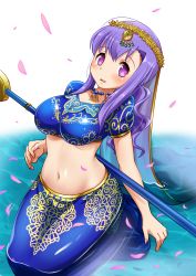 Rule 34 | + +, 1girl, fate/grand order, fate (series), highres, indian clothes, jewelry, matou sakura, navel, necklace, oomochi (16215775), parvati (fate), petals, polearm, purple eyes, purple hair, solo, spear, water, weapon
