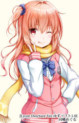 Rule 34 | ;), blue bow, bow, hand on own hip, inaba meguru, jacket, long hair, looking at viewer, na53, one eye closed, pink hair, red eyes, sanoba witch, scarf, scrunchie, smile, tongue, tongue out, upper body, v, watermark, yellow scarf, yuzu-soft