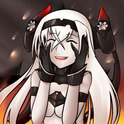 Rule 34 | 10s, 1girl, abyssal ship, air defense princess, black gloves, breasts, closed eyes, fire, gloves, gradient background, hairband, horns, hyphen, kantai collection, long hair, mecha musume, open mouth, smile, smoke, solo, tagme, underboob, white hair