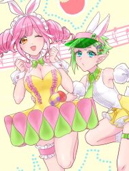 Rule 34 | 2girls, animal ears, anno (bambi1103no), artist name, blue eyes, breasts, dress, easter, easter egg, egg, frills, green hair, hair ornament, hat, highres, large breasts, long hair, looking at viewer, macross, macross delta, makina nakajima, multiple girls, open mouth, pink hair, pointy ears, rabbit ears, reina prowler, short hair, skirt, smile, twintails