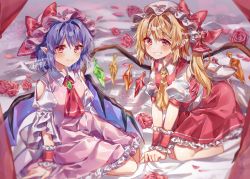 Rule 34 | 2girls, all fours, arm support, ascot, ayatsuki sugure, back bow, bat wings, blonde hair, blurry, blush, bow, breasts, brooch, closed mouth, clothing cutout, commentary request, crystal, depth of field, dress, flandre scarlet, flower, grin, hair between eyes, hat, hat bow, highres, jewelry, looking at viewer, mob cap, multiple girls, one side up, pink dress, pink flower, pink headwear, pink rose, pointy ears, purple hair, red ascot, red bow, red dress, red eyes, remilia scarlet, rose, short hair, shoulder cutout, siblings, sisters, sitting, small breasts, smile, socks, touhou, white bow, white headwear, white legwear, wings, wrist cuffs, yellow ascot, yokozuwari