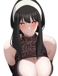 Rule 34 | 1girl, absurdres, black hair, breasts, cleavage, highres, large breasts, long hair, red eyes, smile, solo, spy x family, transparent background, user fnhv5225, yor briar