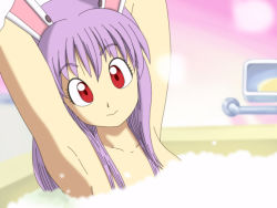 Rule 34 | 1girl, animal ears, armpits, bath, rabbit ears, censored, convenient censoring, dragon ball, long hair, looking at viewer, nude, parody, purple hair, red eyes, reisen udongein inaba, shirosato, smile, soap, steam, touhou, wet