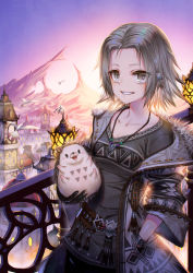Rule 34 | 1girl, :d, animal, bird, black gloves, black shirt, cityscape, clock, clock tower, gloves, grey eyes, grey hair, hair ornament, hand in pocket, hedgehog, highres, holding, holding animal, jewelry, lamppost, necklace, nengajou, new year, open mouth, original, parted lips, railing, seagull, shirt, sho (sumika), smile, standing, sunrise, tower, weather vane