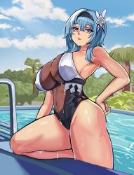 Rule 34 | 1girl, absurdres, armpits, bad id, bad pixiv id, breasts, eula (genshin impact), genshin impact, hand on own hip, highres, large breasts, loooyd, pool, poolside, solo, swimsuit, thighs