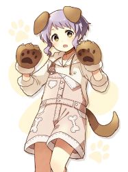 Rule 34 | 1girl, animal ears, animal hands, bone print, brown choker, brown overalls, check commentary, choker, commentary request, dog ears, dog tail, dot nose, fake animal ears, fake tail, fang, fur-trimmed gloves, fur-trimmed sleeves, fur trim, gloves, hands up, highres, hood, hoodie, idolmaster, idolmaster million live!, idolmaster million live! theater days, light blush, long sleeves, looking at viewer, makabe mizuki, open mouth, overall shorts, overalls, paw gloves, paw print, paw print background, purple hair, short hair, skin fang, solo, tail, thighs, toro (shiro), wavy hair, white background, white hoodie, yellow eyes
