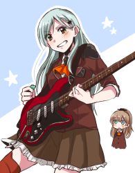 Rule 34 | 10s, 2girls, blue eyes, blush, brown hair, chibi, electric guitar, green eyes, green hair, grin, guitar, hair ornament, hairclip, instrument, jikasei, kantai collection, kumano (kancolle), looking at viewer, multiple girls, open mouth, personification, plectrum, ponytail, sleeves rolled up, smile, star (symbol), staring, suzuya (kancolle), sweatdrop, thighhighs