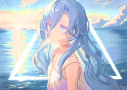 Rule 34 | 1girl, 37 (reverse:1999), absurdres, blue hair, breasts, closed mouth, commentary request, delfino, dress, hair between eyes, highres, long hair, looking at viewer, ocean, reverse:1999, small breasts, solo, upper body, wavy hair, white dress