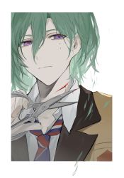 Rule 34 | 1boy, absurdres, blazer, bleeding, blood, bloody weapon, closed mouth, collared shirt, cuts, cutting hair, cutting own hair, ensemble stars!, etiv, frown, green hair, hair between eyes, highres, holding, holding scissors, injury, jacket, kazehaya tatsumi, lapels, long sleeves, looking at viewer, male focus, mole, mole on cheek, mole under eye, necktie, outside border, portrait, purple eyes, scissors, severed hair, shirt, short hair, simple background, solo, striped necktie, weapon, white background, white shirt