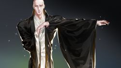 Rule 34 | 1boy, adjusting clothes, artist name, bald, closed mouth, highres, houseki no kuni, jane mere, japanese clothes, kesa, kongou sensei, long sleeves, male focus, manly, monk, outstretched arm, pale skin, robe, simple background, solo, sparkle, upper body, wide sleeves, yellow eyes