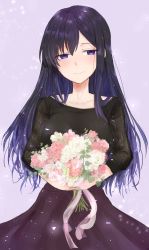 Rule 34 | 1girl, alice gear aegis, black hair, black shirt, bouquet, closed mouth, commentary request, flower, highres, holding, holding flower, kagome misaki, mole, mole under eye, petals, purple eyes, purple skirt, shirt, sikisikisikibu, skirt, smile, solo