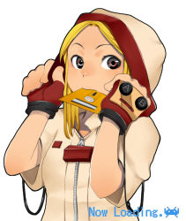 Rule 34 | 1girl, blonde hair, famicom, fingerless gloves, floppy disk, game console, gloves, hood, hoodie, kosame daizu, mouth hold, original, solo