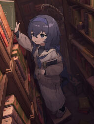 Rule 34 | 1girl, absurdres, black undershirt, blue archive, blue eyes, blue hairband, blue neckerchief, book, bookshelf, commentary, crossed bangs, full body, grey sweater, hair between eyes, hairband, halo, highres, holding, holding book, indoors, jewelry, library, long sleeves, looking up, neckerchief, necklace, off shoulder, open mouth, reaching, ribbed sweater, sandals, school uniform, serafuku, shijiuuuuuuu, shirt, solo, standing, sweater, ui (blue archive), white shirt, yellow halo